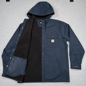 Carhartt Rain Defender Hooded Shirt Jac Mens L Navy Blue Fleece Lined Shacket